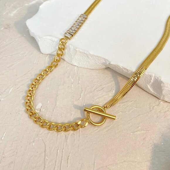 NWT 18K Gold Plated CZ Links Herringbone Chain Necklace Toggle Clasp - Picture 2 of 10